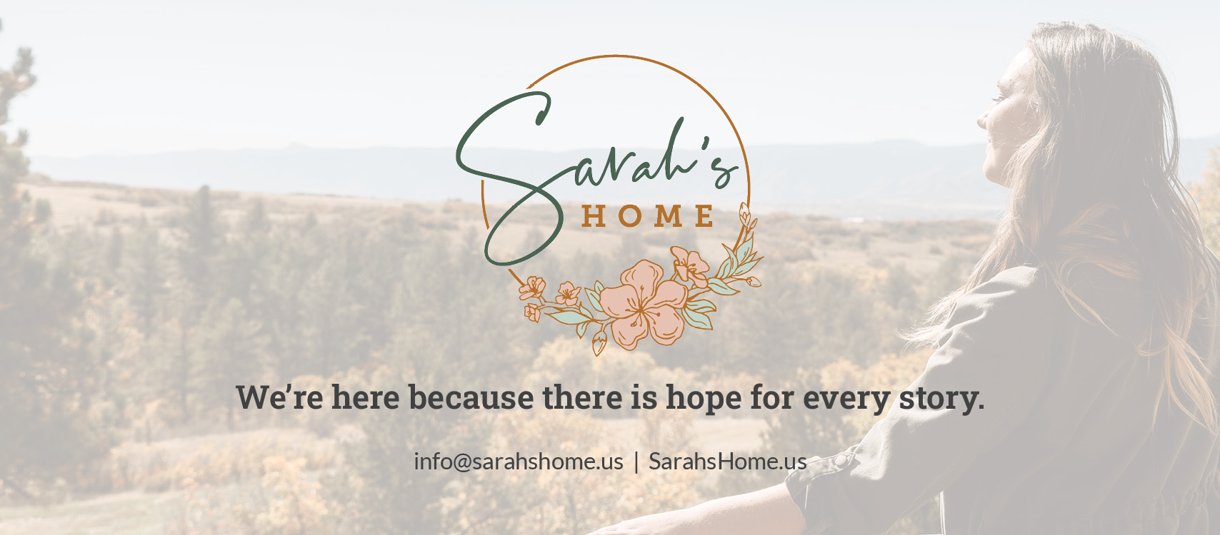 Sarah's Home — a woman overlooking the Colorado foothills at golden hour, with the Sarah's Home logo